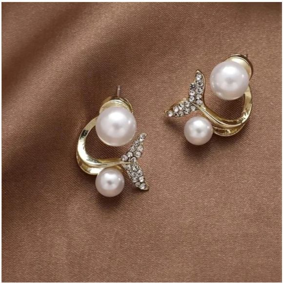 Mermaid Tail Cuff Gold Pearl Earrings Stud Women Rhinestone Minimalist Jewelry - Picture 2 of 4
